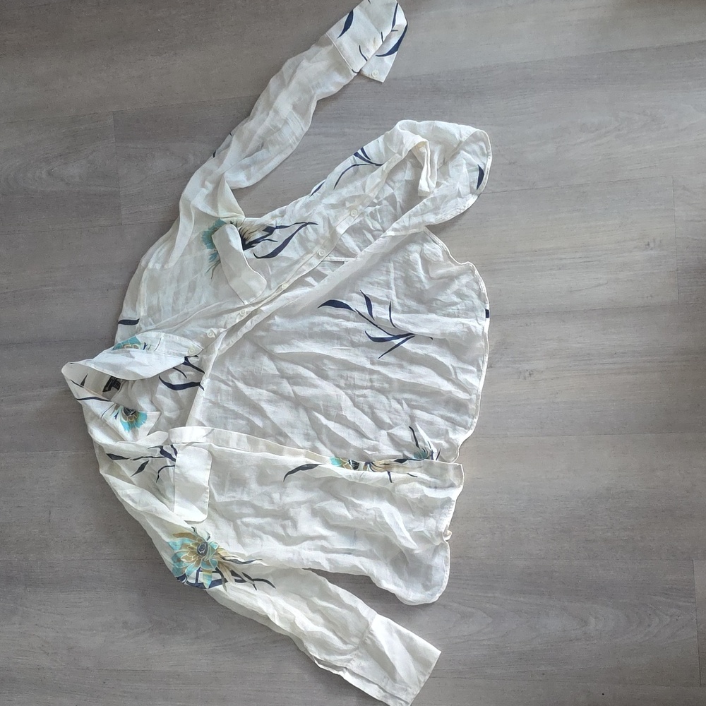 Massimo Dutti White Blouse with Blue and Tan Accents